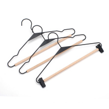 Wholesale Standard Black Metal Wire Wood Bar Clothes Hangers with Clips